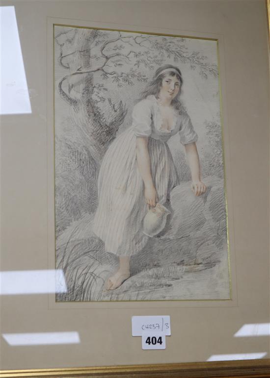 G.W. Van de Berg (C19th), pencil and coloured chalk, Young woman at a well, signed and dated, 36 x 23cm